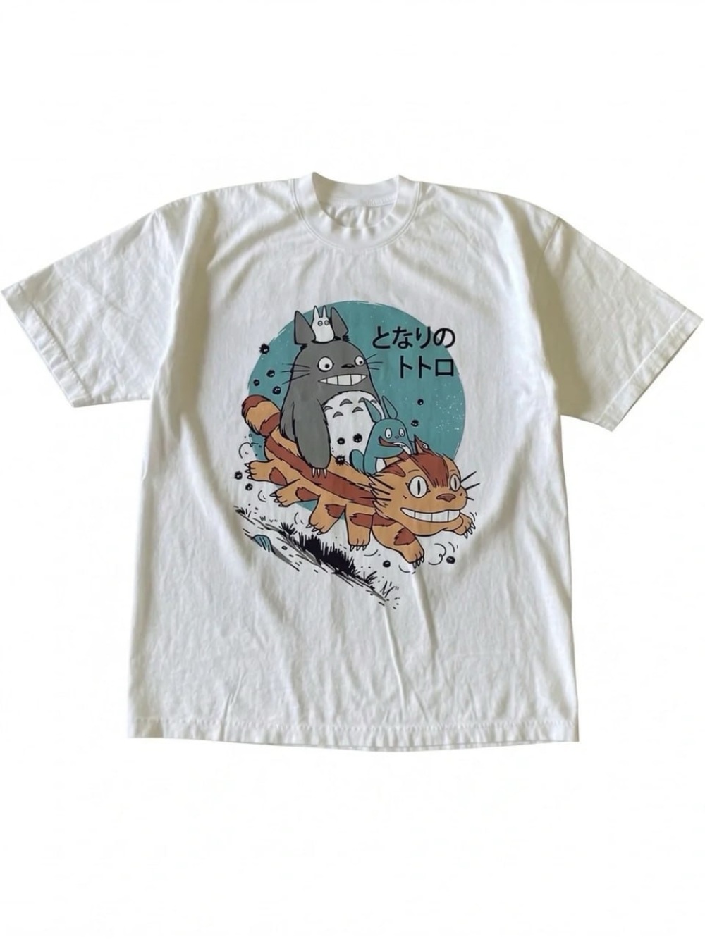 White Graphic Tee with Teal and Brown Totoro Design